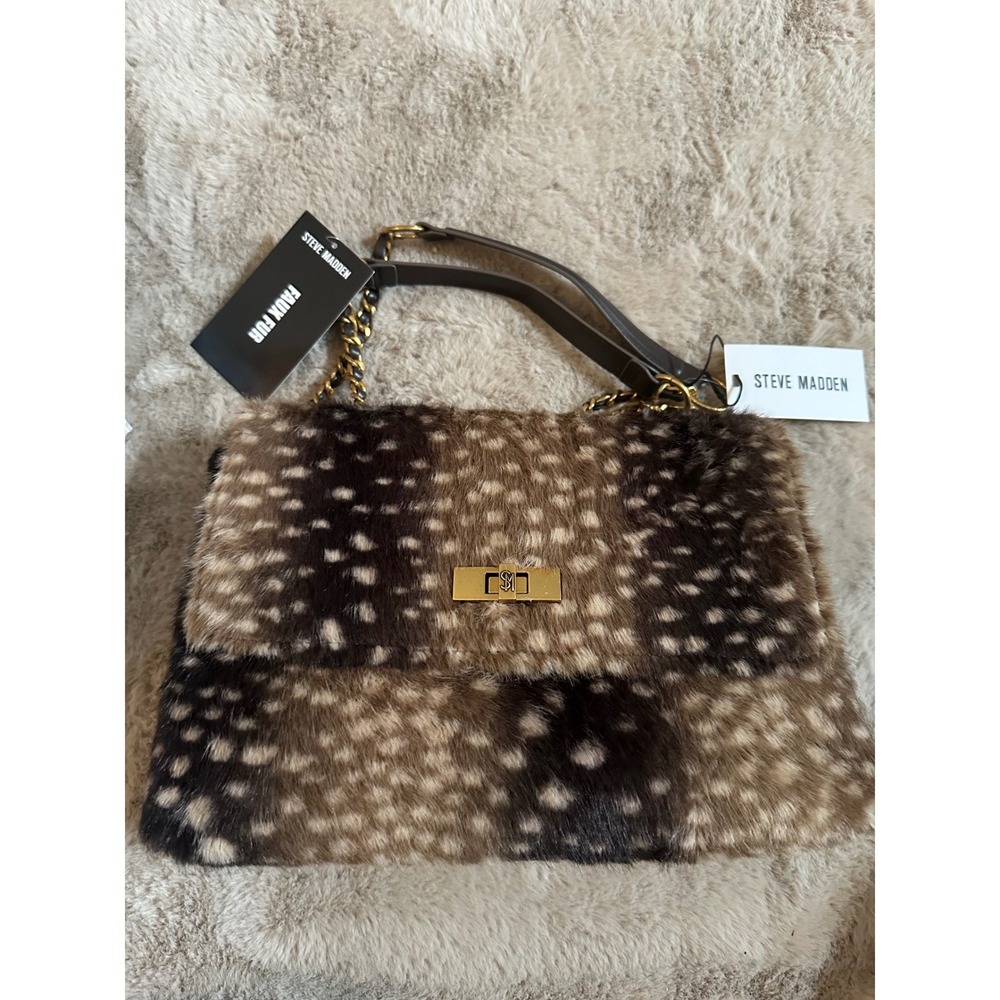 Steve Madden Faux Fur Deer Print Crossbody Bag Tan White Gold Chain Strap NWT